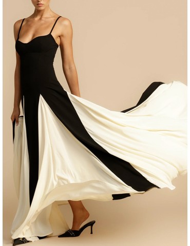 Custom Women's Black and White Color Block Maxi Dress, OEM/ODM Spaghetti Strap Sweetheart Neck Long Dress