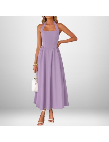 Women's Light Blue Halter Midi Dress, OEM/ODM Square Neck A-Line Maxi Dress