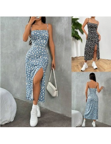 Women's Summer Casual Floral Chiffon Dress, Anti-static Sleeveless Halter Midi Dress, ODM Supported