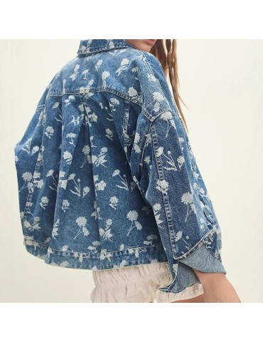 Women's Cotton Denim Print Windproof Stand Collar Jacket with Single-breasted Buttons for Spring and Autumn