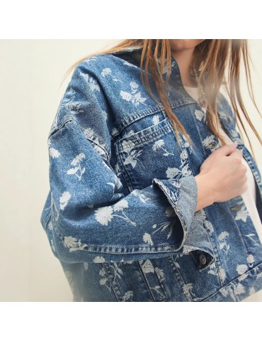 Women's Cotton Denim Print Windproof Stand Collar Jacket with Single-breasted Buttons for Spring and Autumn
