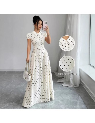 Women's Elegant Polka Dot Patchwork Midi Dress, Summer Casual Daily Wear, Lapel, Short Puff Sleeves, High Waist Pleated A-Line Long Dress