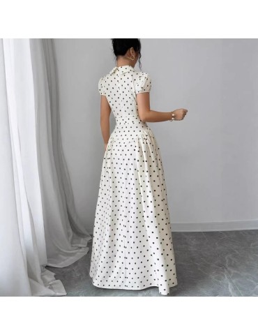 Women's Elegant Polka Dot Patchwork Midi Dress, Summer Casual Daily Wear, Lapel, Short Puff Sleeves, High Waist Pleated A-Line Long Dress