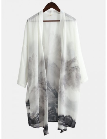 Chiffon Thin Lightweight Sun Block Shirt Loose Chinese Ethnic Panting Coat for Men