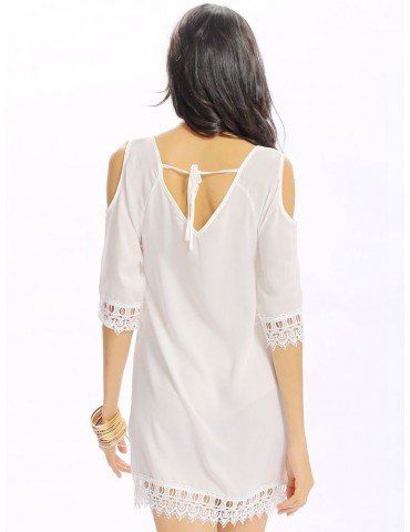 Women Casual Crochet lace Off Shoulder O-neck Half Sleeve Loose Mini Dress