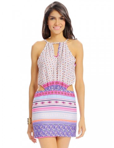 Women Sexy Printing Halter Hollow Bandage Spaghetti Strap Mini Dress