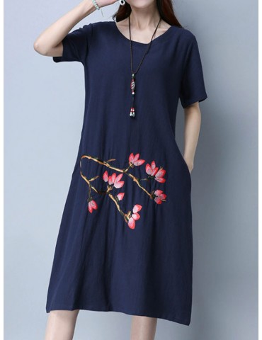 Vintage Floral Embroidery Short Sleeve O-neck Dress For Women