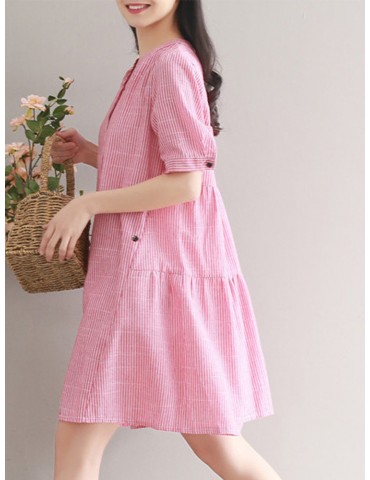 Women Stripe Vintage Short Sleeve Shirt Dresses