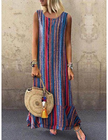 Ethnic Vintage Colorful Striped Sleeveless Maxi Dress
