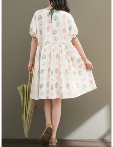 Vintage Women Trees Printed Drawstring Short Sleeve Dresses