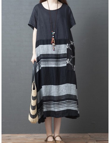 Stripe Print Patchwork Short Sleeve Vintage Dress For Women