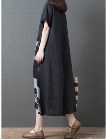 Stripe Print Patchwork Short Sleeve Vintage Dress For Women