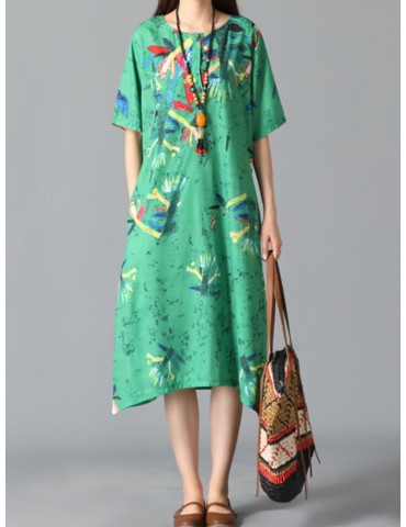 Graffiti Leaves Print Short Sleeve Irregular Vintage Dresses