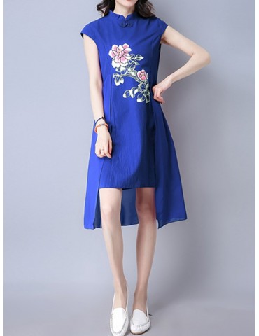 Vintage Floral Print Irregular Frog Button Stand Collar Dress For Women