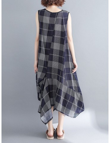 Sleeveless Plaid Print Irregular O-neck Vintage Dresses