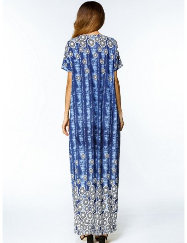Casual Print O-neck Loose Short Sleeve Maxi Dresses For Women