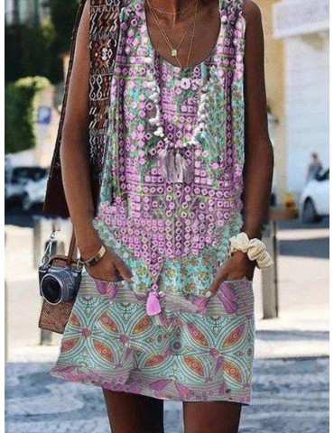 Bohemian Sleeveless Print Floral Crew Neck Summer Dress