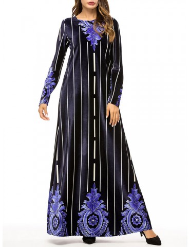 Muslim Velvet Striped Print Long Sleeve Long Dress