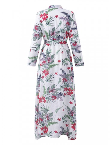 Bohemian Floral Print Splited Long Sleeve Lapel Women Maxi Dresses