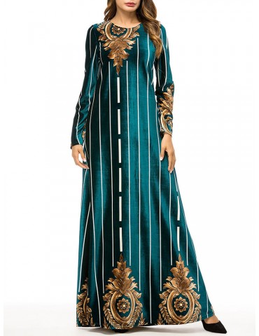 Velvet Printed Striped Long Sleeve Islam Muslim Long Dress
