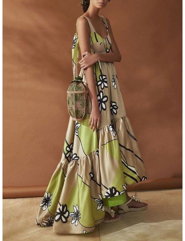 Bohemian Floral Print Contrast Color Maxi Dress For Women