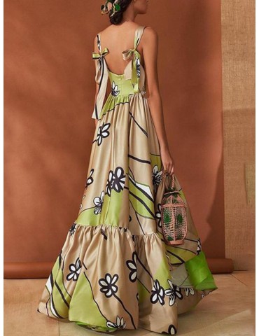Bohemian Floral Print Contrast Color Maxi Dress For Women