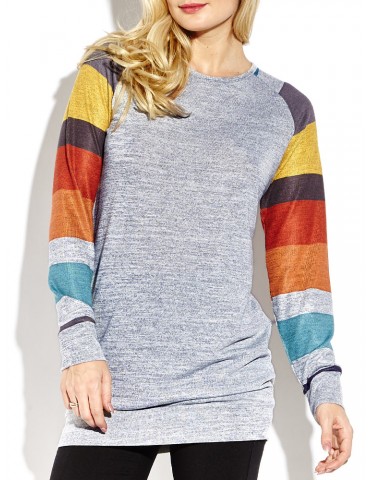 Women Casual Stripe Stitching Long Sleeve O-neck Mini Dress