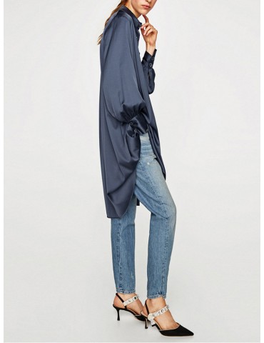 Long Sleeve Dark Blue Asymmetrical Casual Shirt Dresses