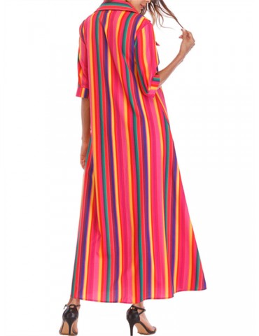 Front Button Fly Striped Pocket Casual Dresses