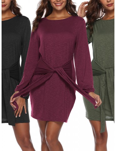 Solid Color Long Sleeve Drawstring Casual Dresses