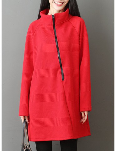 Casual Women Solid Color Turtleneck Zipper Long Sleeve Dresses