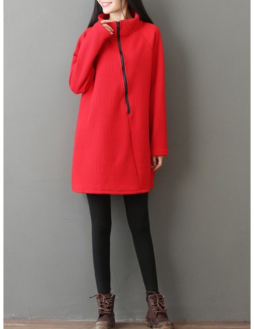Casual Women Solid Color Turtleneck Zipper Long Sleeve Dresses