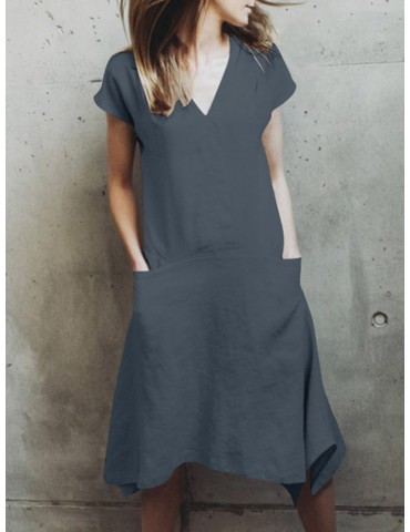 Solid Color Pockets Irregular Short Sleeve Casual Dress