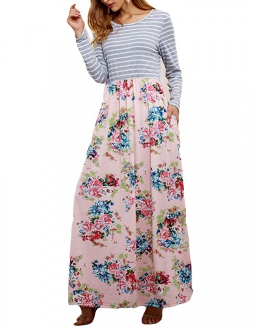 Floral Printed Striped Patchwork Maxi Casual Dresses