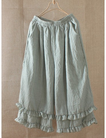 Sweet Solid Color Ruffled Elastic Waist Wide Leg Capris