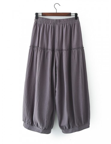 Women Casual Pleated Solid Color Elastic Waist Wide leg Pants