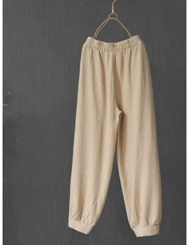 Vintage Embroidery Elastic Waist Frog Button Pants For Women