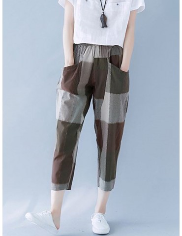 Patchwork Contrast Color Elastic Waist Casual Pants