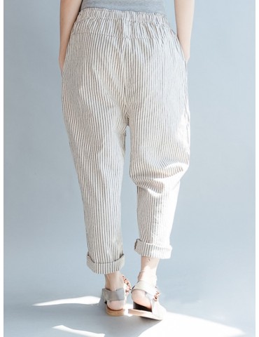 Loose Drawstring Waist Stripe Print Casual Harem Pants
