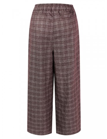 Casual Plaid Elastic Waist Women Woolen Wide Leg Pants
