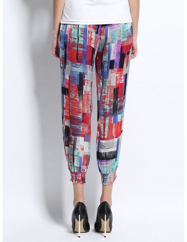 Women Printed Elastic Waist Ankle-Length Bloomers Casual Pants
