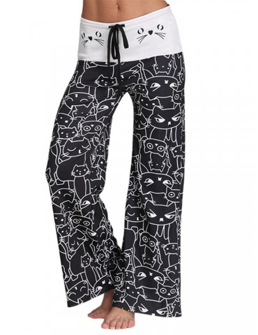 Women Cats Printed Elastic Waist Casual Pants