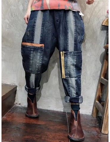 Casual Patch Pockets Elastic Waist Loose Harem Denim