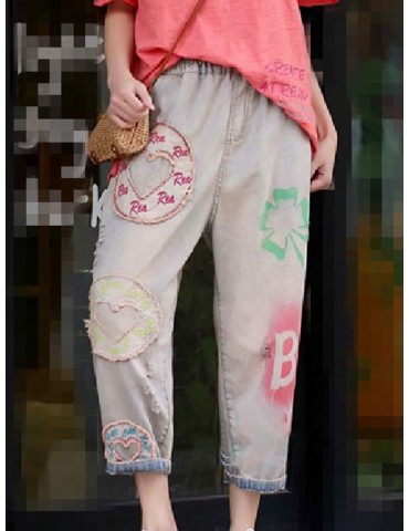 Embroidery Patchwork Elastic Waist Casual Harem Denim