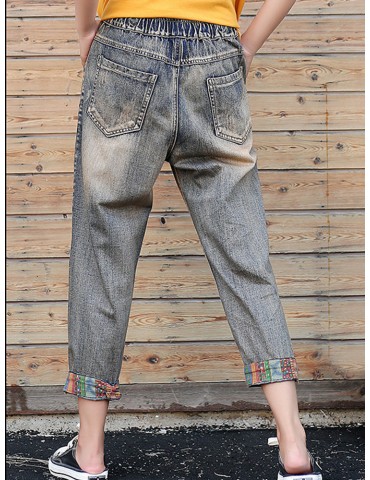 Letter Embroidery Patch Cuff Casual Denim