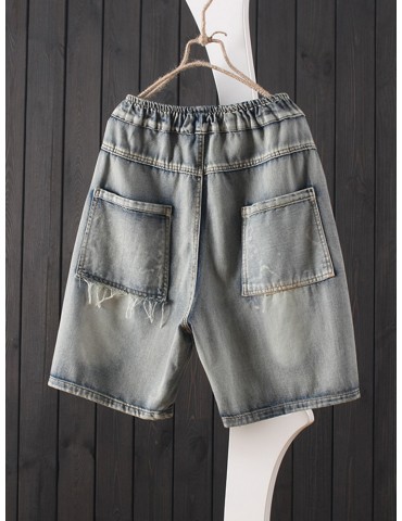 Cartoon Bear Embroidery Ripped Short Jeans For Women