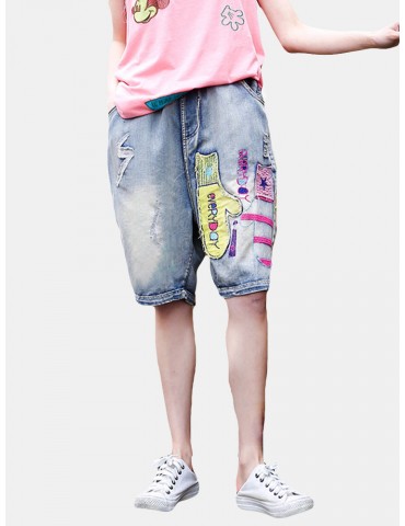 Embroidery Patch Casual Short Jeans For Women