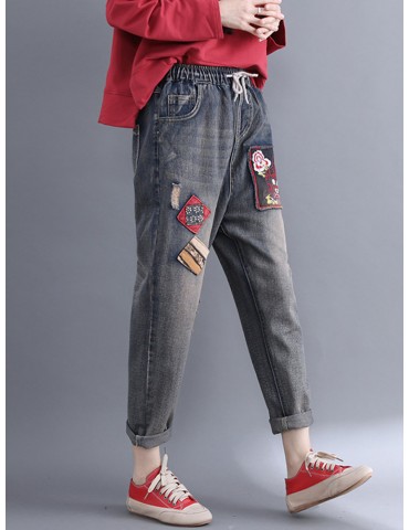 Casual Patchwork Embroidery Elastic Waist Denim