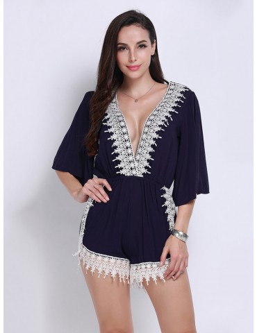Women Deep V-neck Half Sleeves Lace Jumpsuit