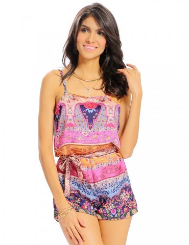 Women Casual Floral Print Bow Knot Loose Sleeveless O-neck Jumpsuit